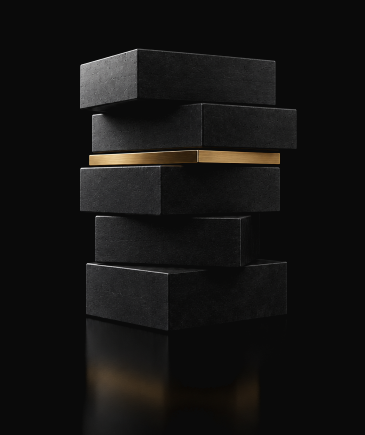 Five black slabs with a single gold layer between them